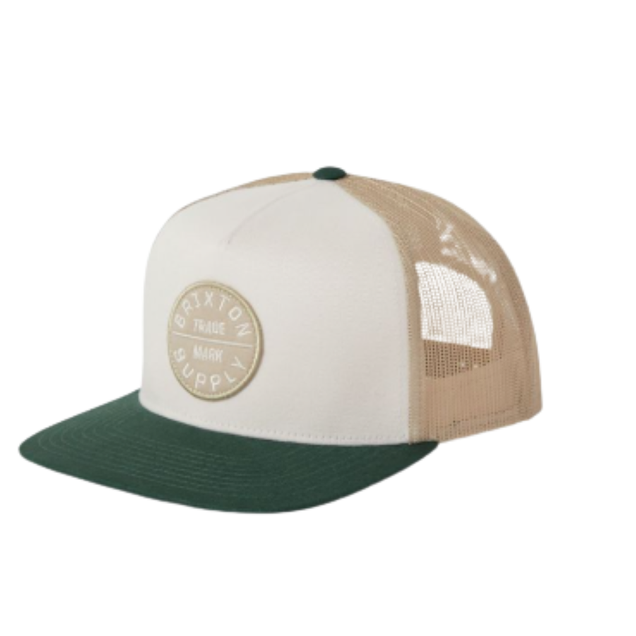 brixton oath Trucker hat with beige and green colors on a white background