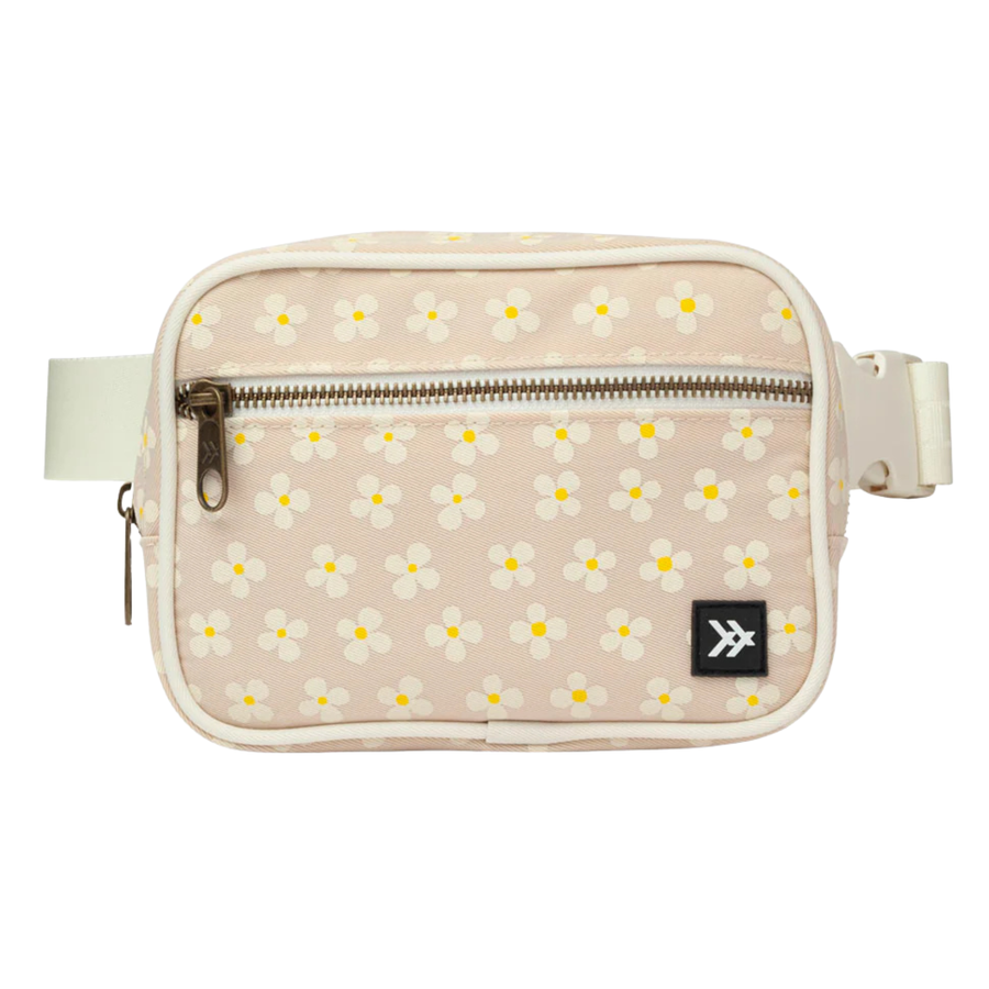 Beige belt bag with floral pattern and thread logo on a white background