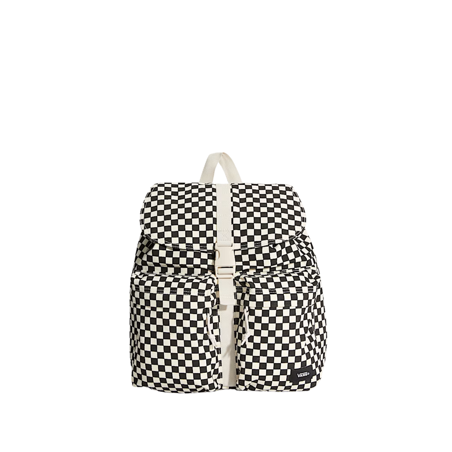 A black and white vans scatter checkerboard patterned backpack with a cream-colored top handle and front strap closure, shown against a plain white background.