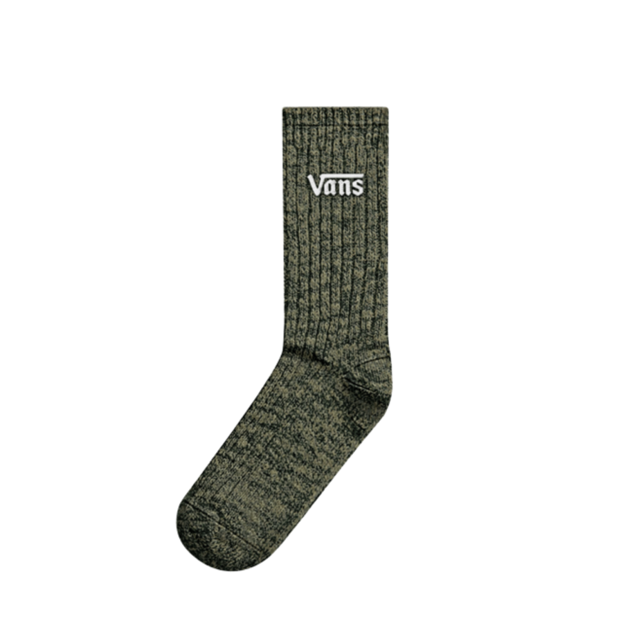 A single Vans marled crew sock in a dark olive green heathered knit fabric, featuring the white Vans logo on the ribbed cuff, shown against a plain white background.