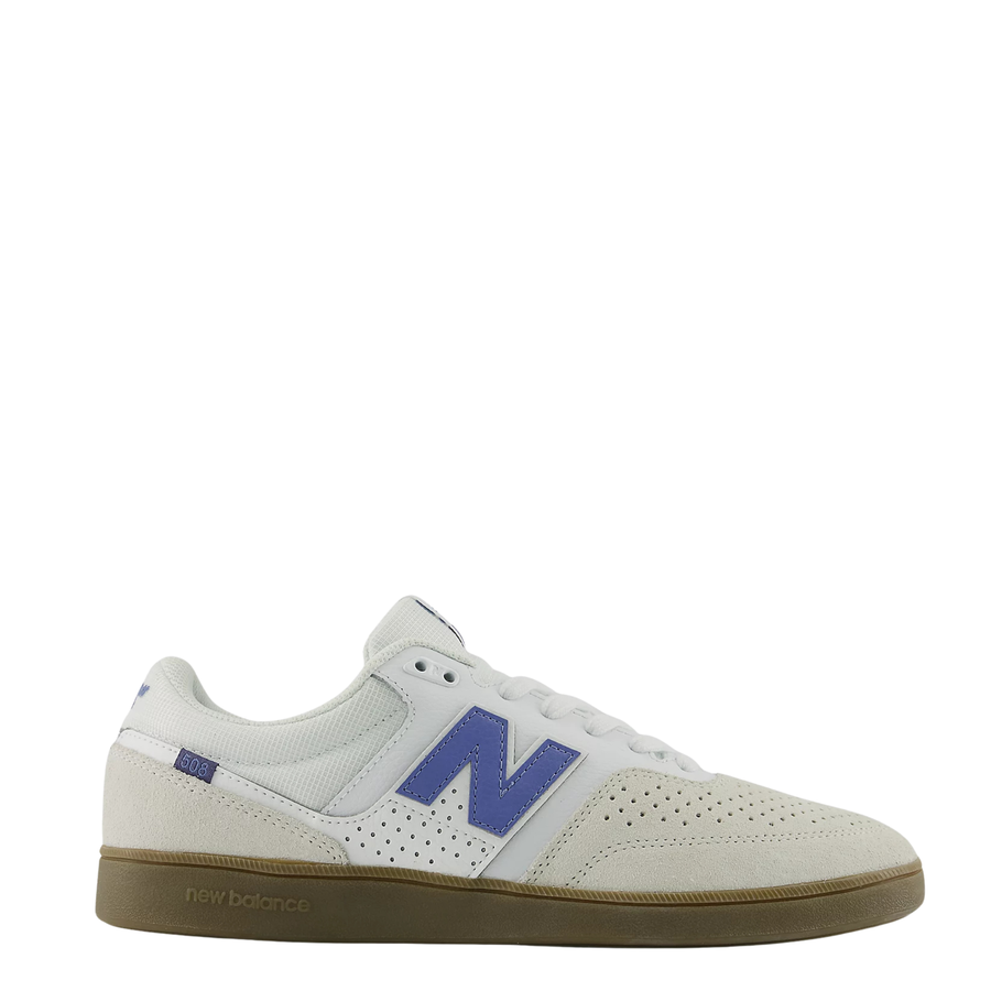 Off White New Balance Numeric 508 skateboard sneaker with blue 'N' logo on a white background