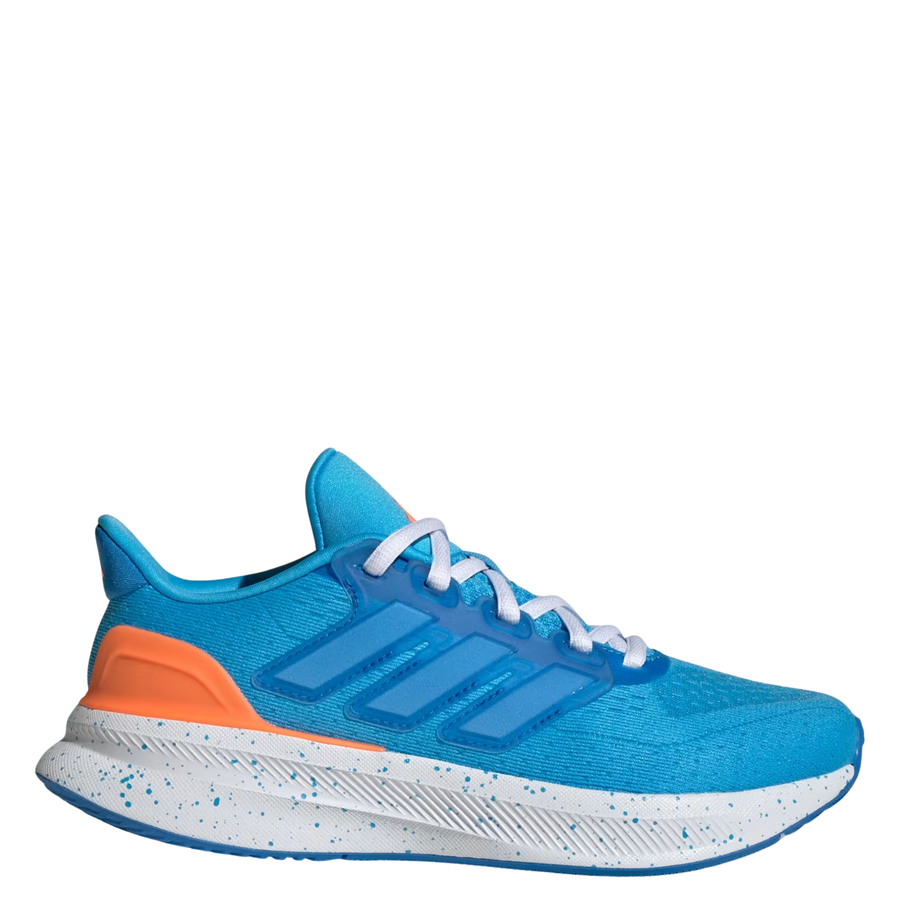 Blue adidas juniors ultrarun 5 running shoe with orange accent on a white background