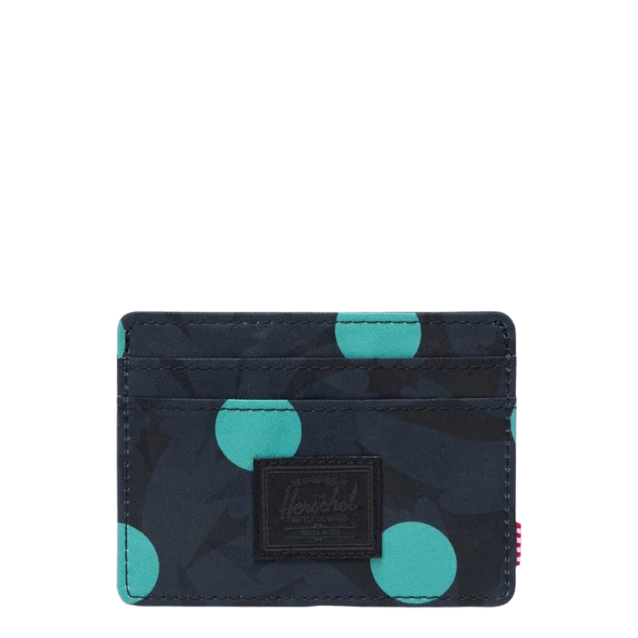 blue floral herschel charlie card wallet with blue polka dots