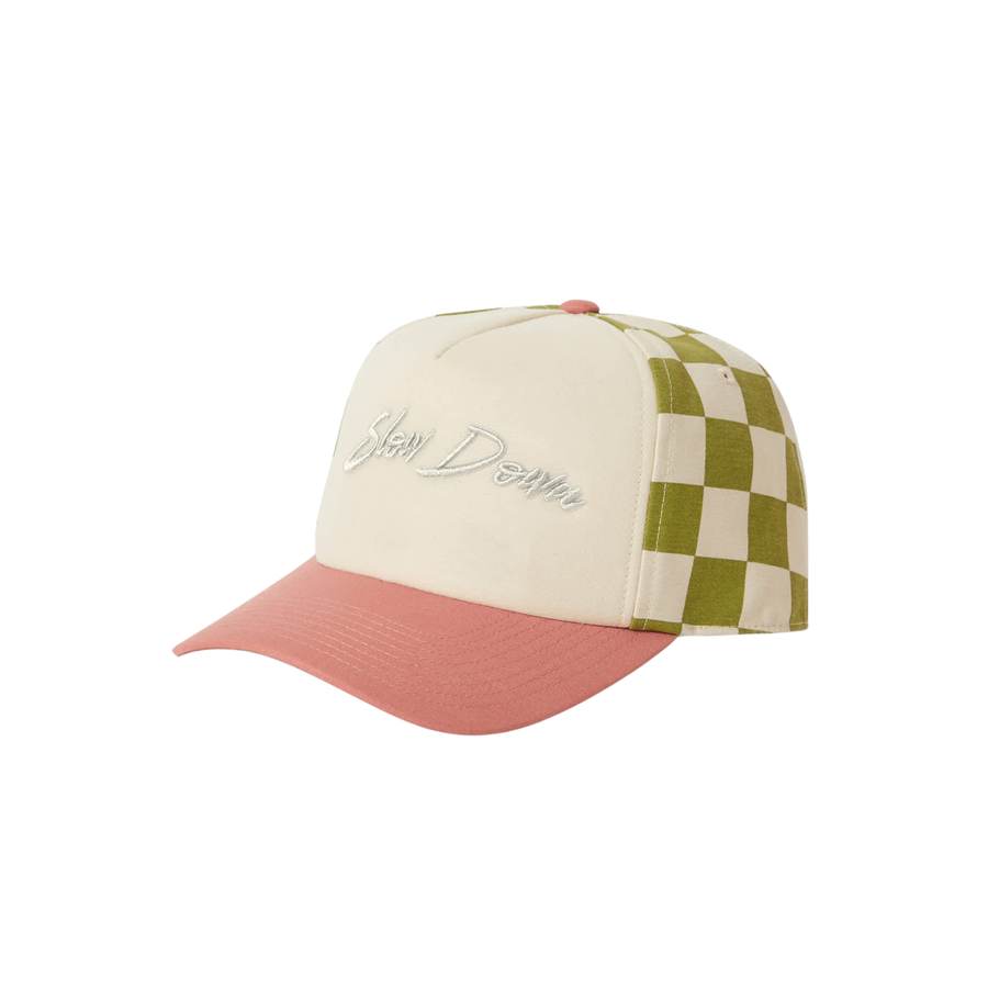 brixton slow down snapback hat with pink bill, green and white checkerboard side panel and slow down in script on the front