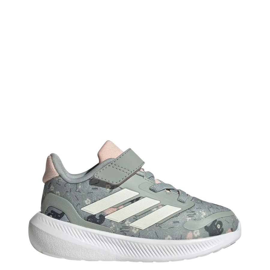 Green Adidas RUNFALCON 5 kids sneaker with floral pattern on a white background