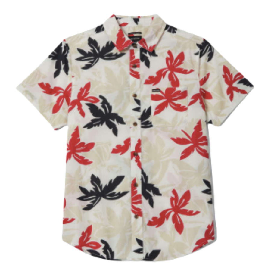 Short-sleeve brixton charter print men's shirt with red and black floral pattern on a white background