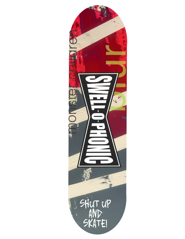Skateboard deck with 'Swell-o-Phonic' branding and text on a white background