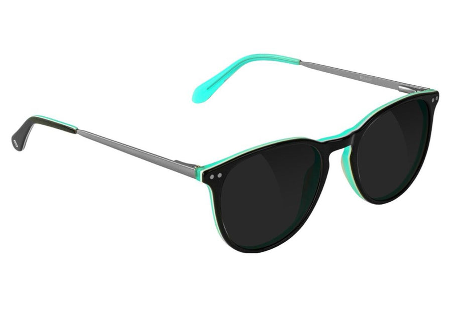 black glassy bennett plus sunglasses with teal backside