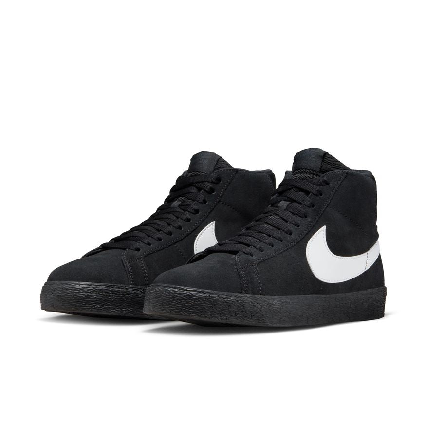 black nike sb blazer mid with white swoosh and black sole