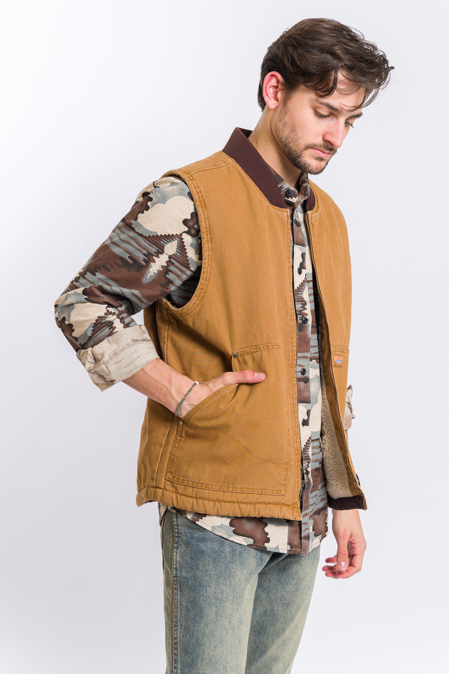 Dickies Stonewashed Duck High Pile Fleece Lined Vest - Stonewashed Brown Duck