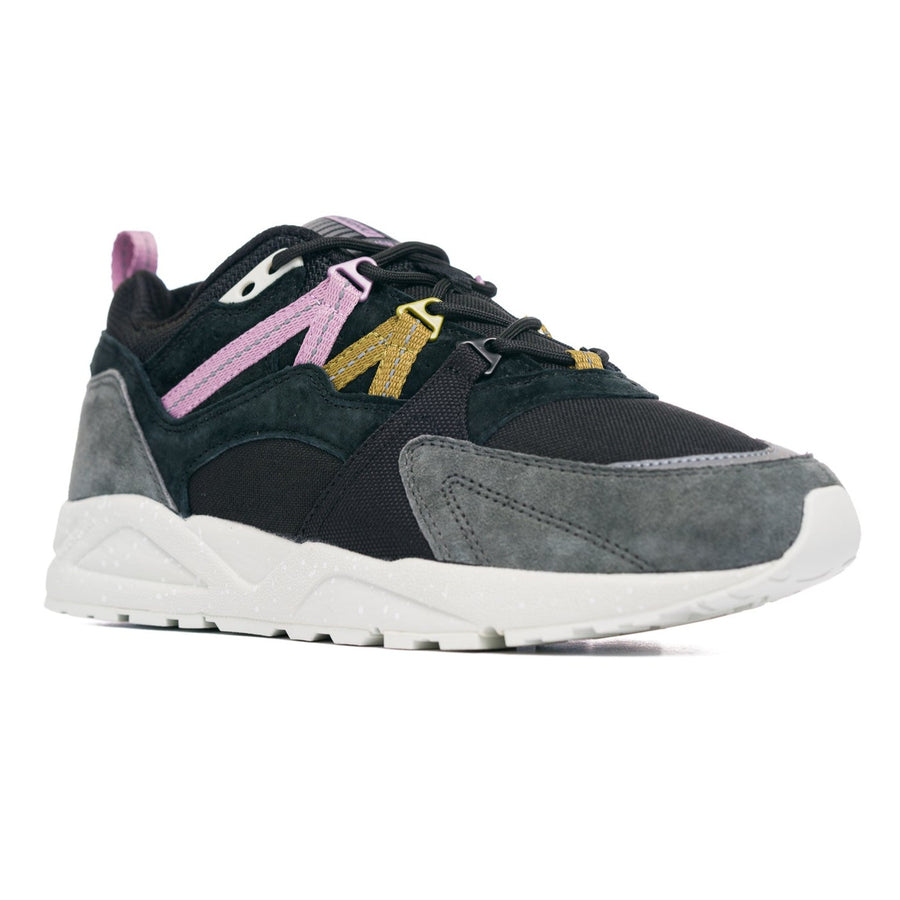 grey and black karhu men's shoe with brown and pink details