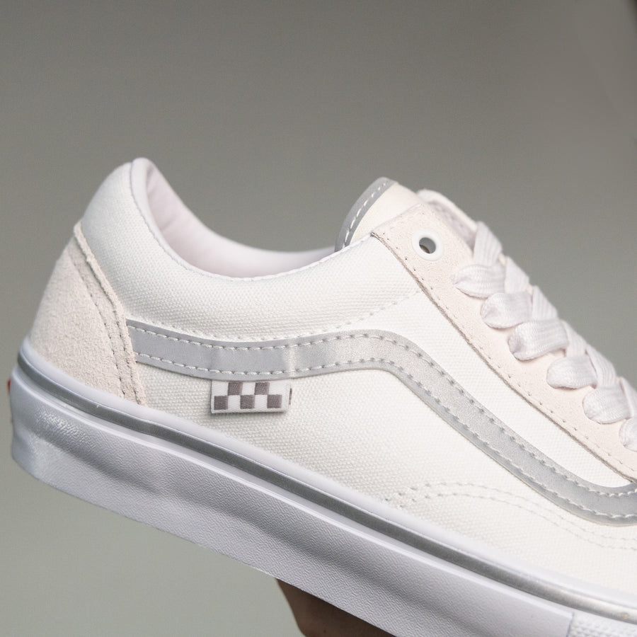 white women's old skool with reflective silver sidestripe and white sole