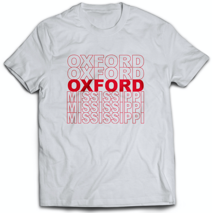 tee shirt featuring oxford mississippi written like the classic plastic thank you grocery bag