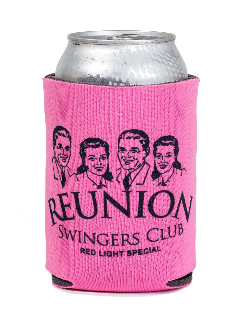 koozie drink holder featuring 4 people and the slogan reunion swingers club red light special madison mississippi