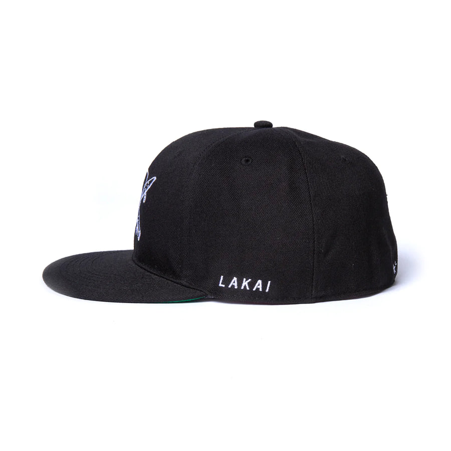 black lakai fitted hat featuring a skull and skateboard cross bones