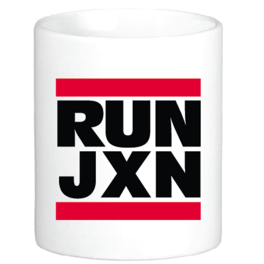 coffee mug featuring the run jxn run dmc design
