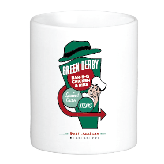 coffee mug featuring the green derby restaurant south west jackson mississippi logo
