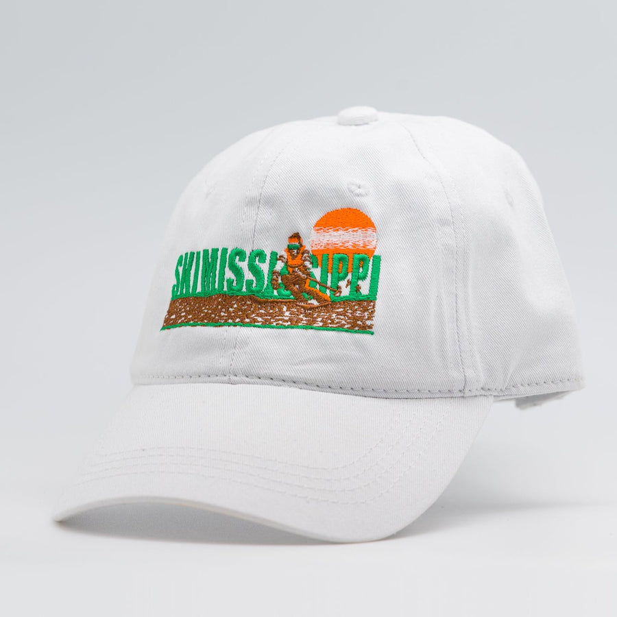 white embroidered hat featuring the ski mississippi logo in green brown and orange
