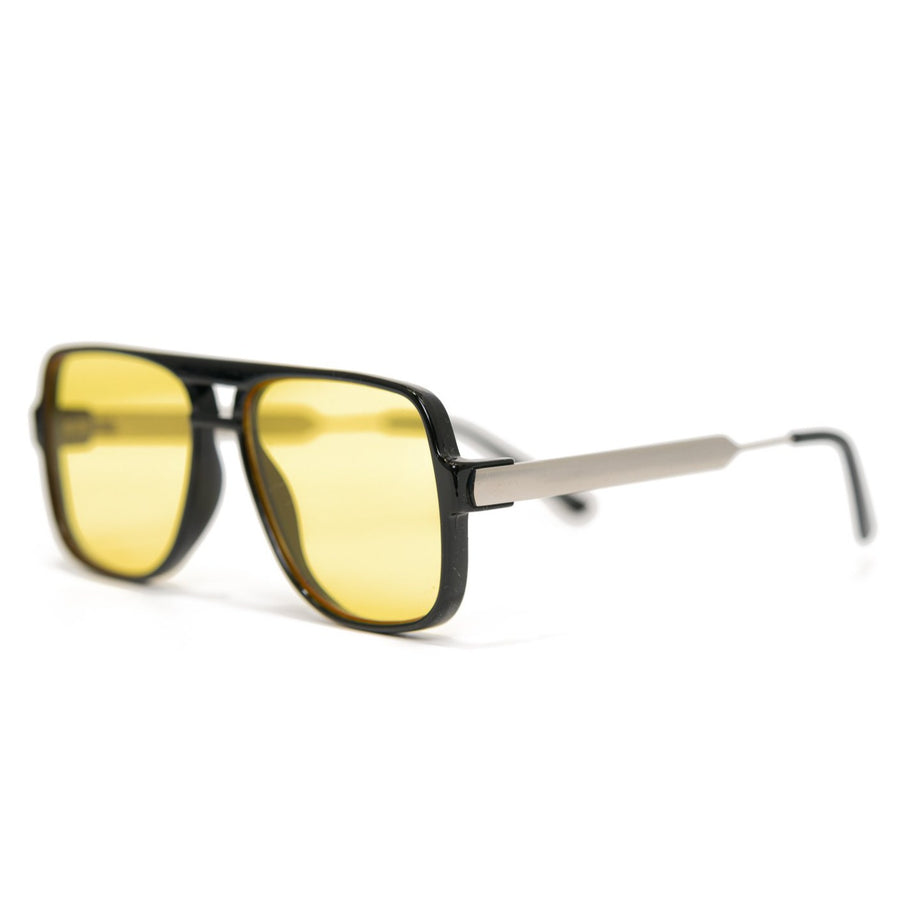 black framed spitfire orbital with yellow lenses