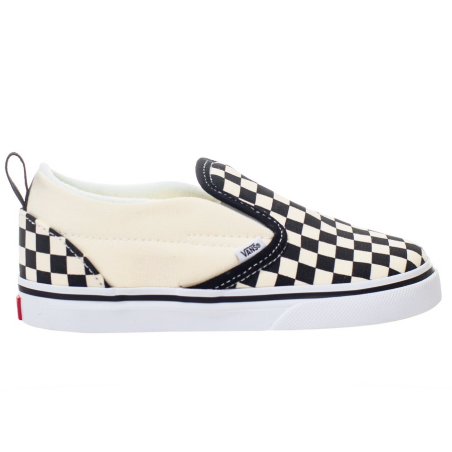 black and white checkerboard vans toddler and kid's velcro slip-on with white soles