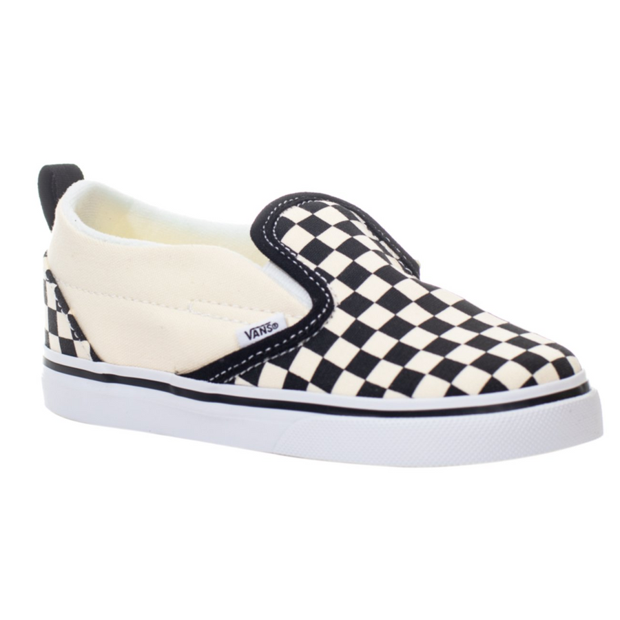 black and white checkerboard vans toddler and kid's velcro slip-on with white soles