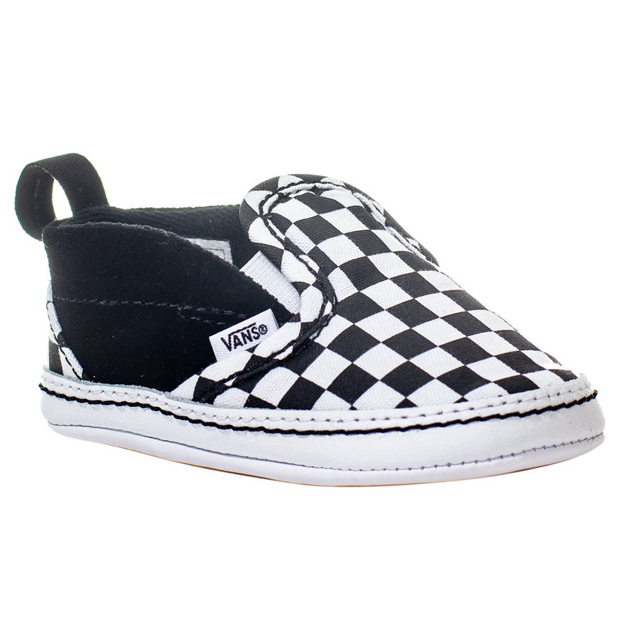 black and white checkerboard vans infant slip-on crib shoes with white sole