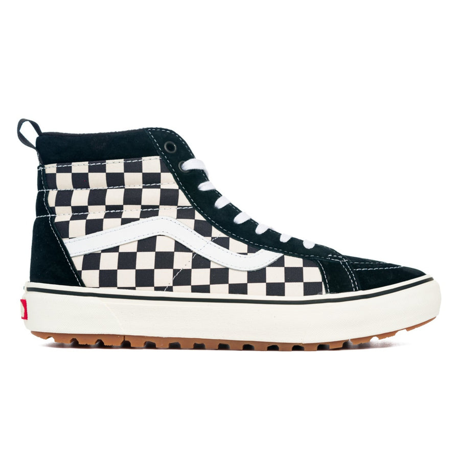 black and white checkerboard vans mte sk8-hi men's high top shoe with pull tab and off white sole