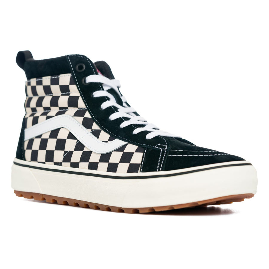 black and white checkerboard vans mte sk8-hi men's high top shoe with pull tab and off white sole