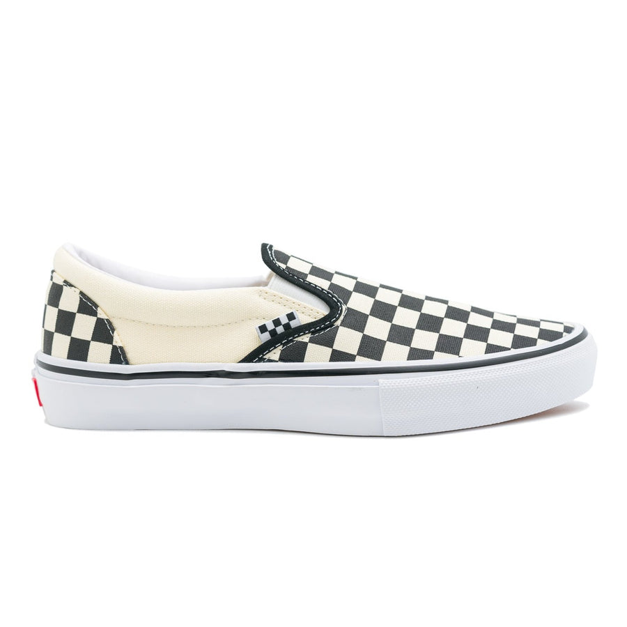 black and white checkerboard vans men's and women's slip-on vans with white sole
