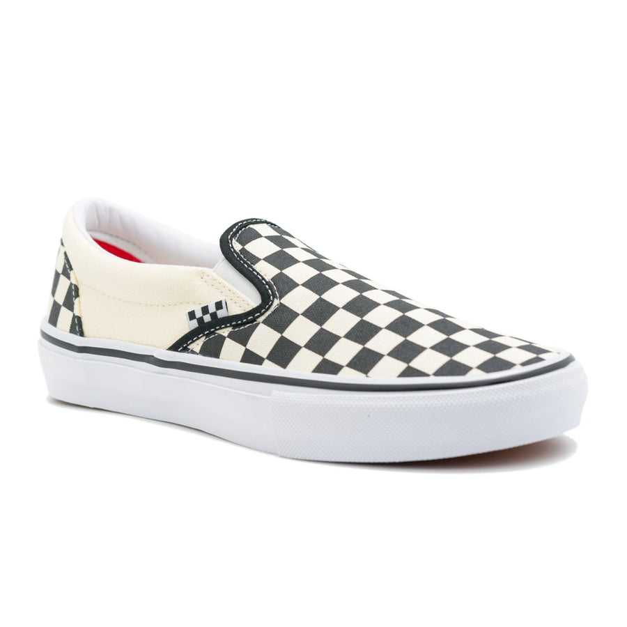 black and white checkerboard vans men's and women's slip-on vans with white sole
