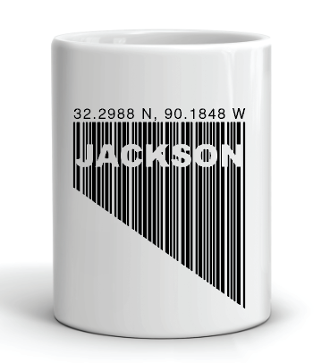 coffee mug featuring a jackson mississippi coordinates barcode design