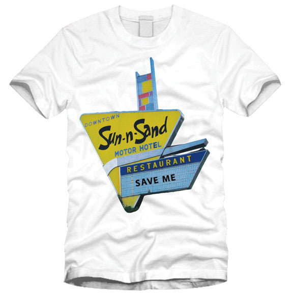 white tee shirt featuring the sun n sand motor hotel sign in jackson mississippi