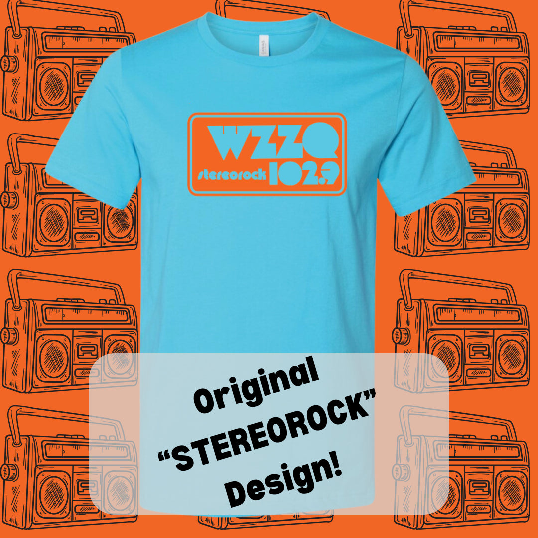 teal Original WZZQ Stereorock tee shirt Design with orange logo