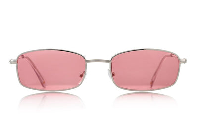 polarized glassy Sunglasses with pink lenses and silver frame on a white background