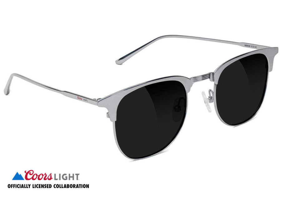 silver glassy coors light colab sunglasses with black lenses