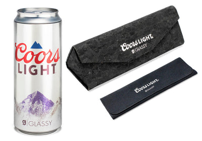silver glassy coors light colab sunglasses with black lenses