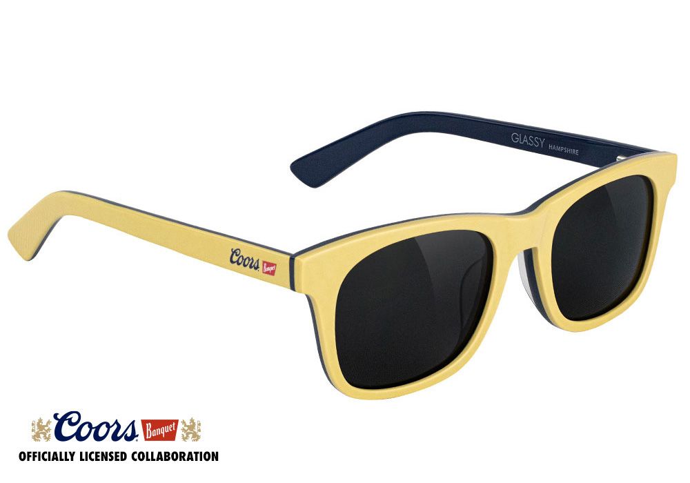 yellow and blue glassy x coors banquet beer sunglasses