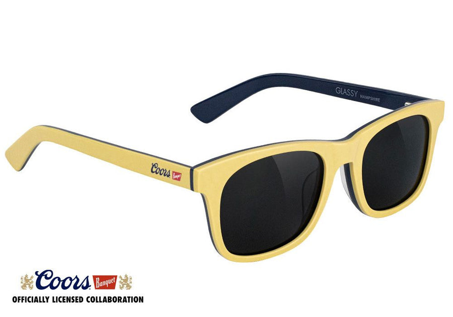 yellow and blue glassy x coors banquet beer sunglasses