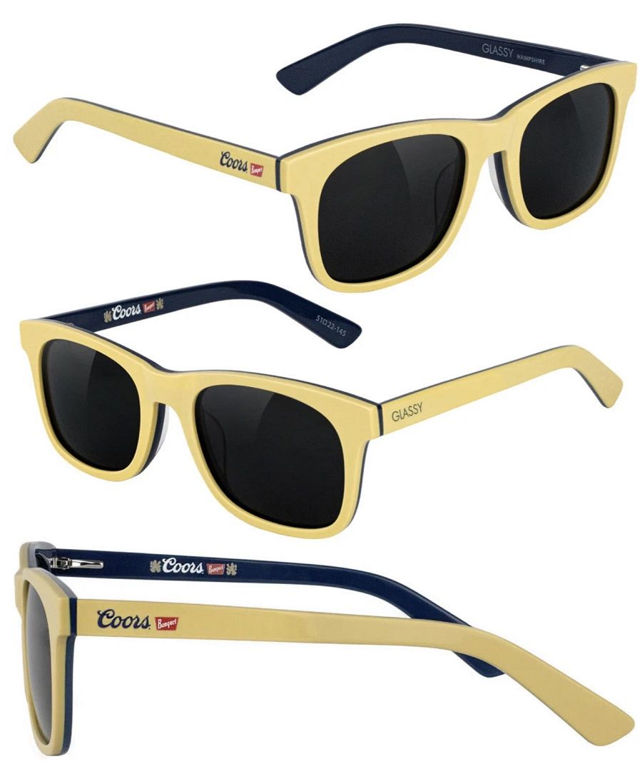 yellow and blue glassy x coors banquet beer sunglasses