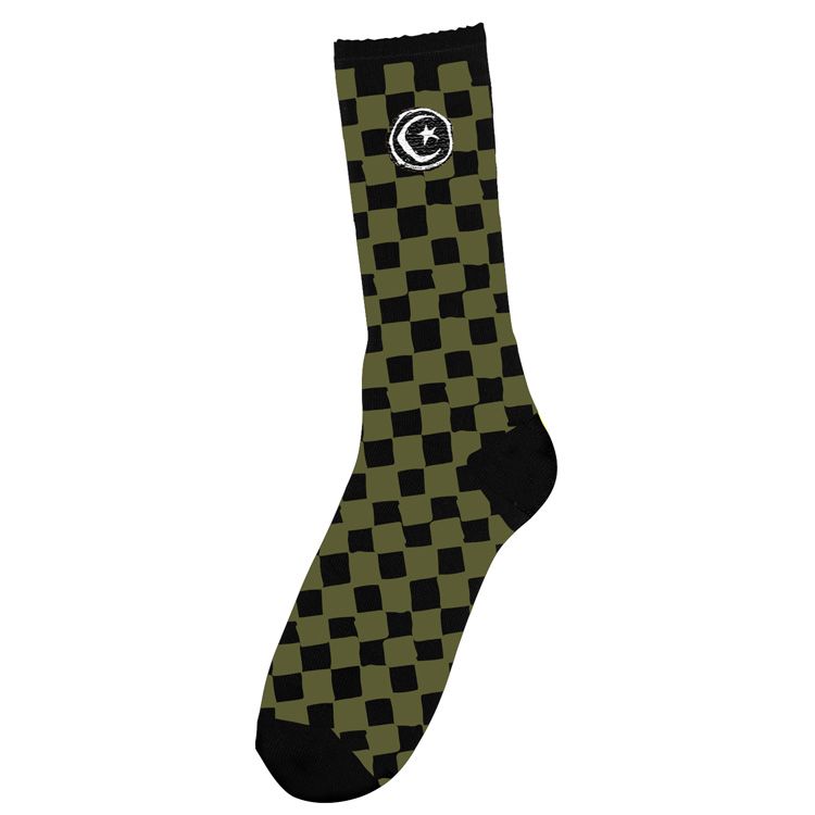 Checkered green & black foundation skateboard sock with a star logo on a white background