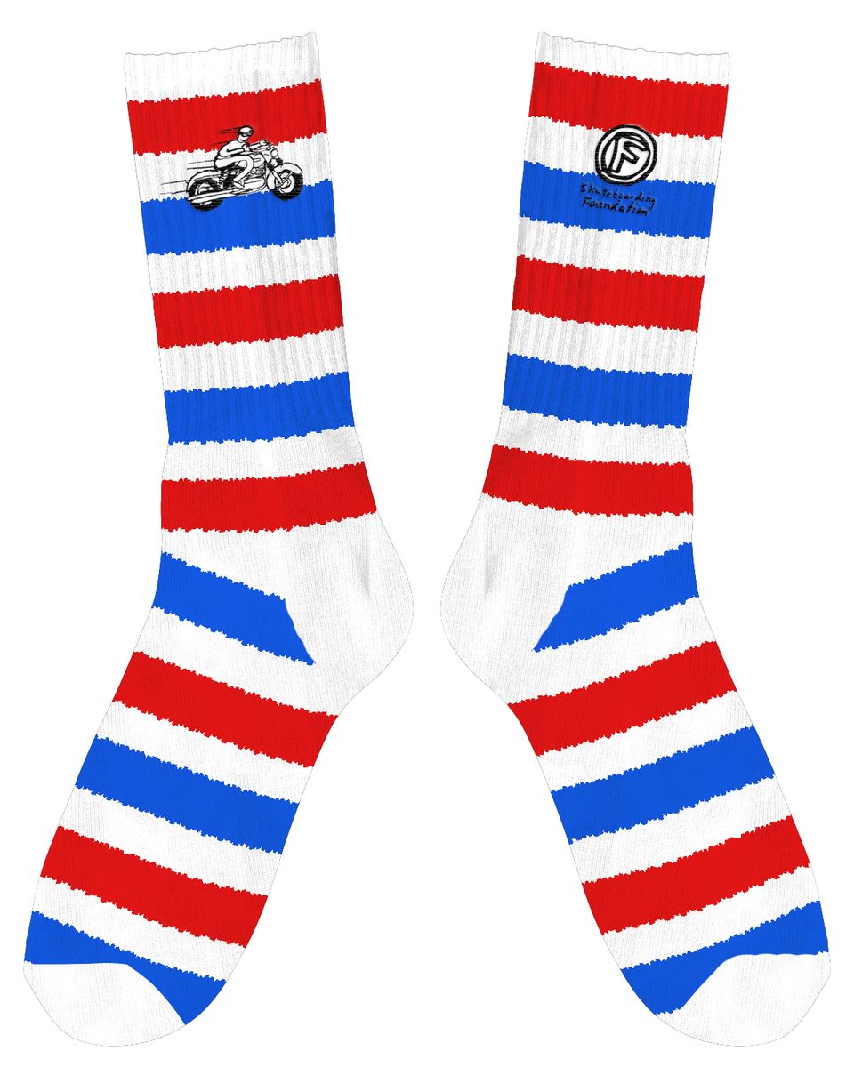 Red, white, and blue striped foundation skateboard socks with a logo on a white background