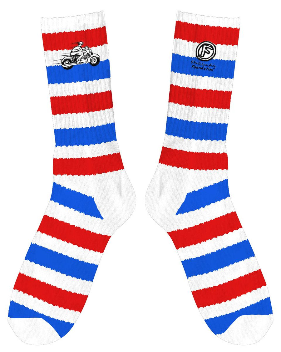 Red, white, and blue striped foundation skateboard socks with a logo on a white background