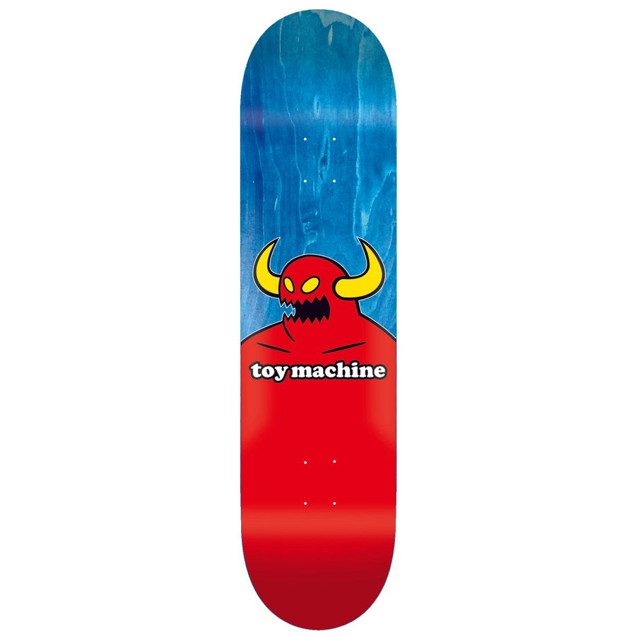 TOY MACHINE SKATEBOARD DECK WITH RED DEVIL MONSTER AND A BLUE WOOD GRAIN FINISH
