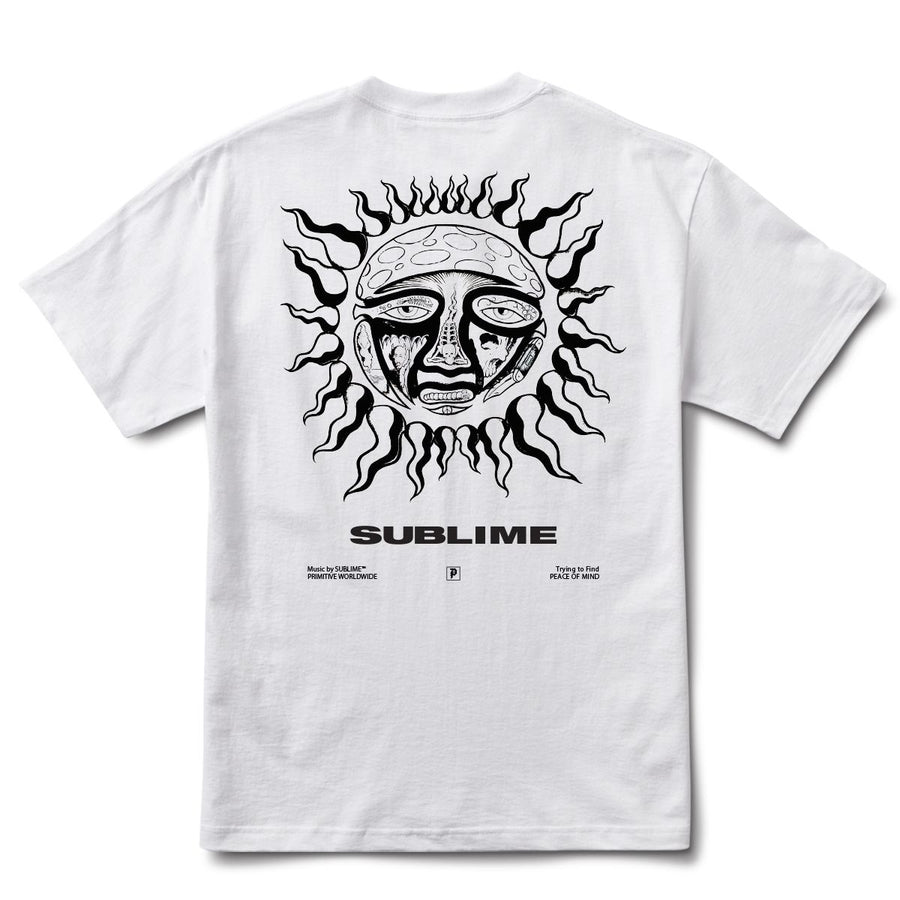 white primitive tee shirt in collaboration with the band sublime featuring a multi-colored sun print on the back