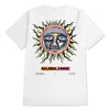 white primitive tee shirt in collaboration with the band sublime featuring a multi-colored sun print on the back