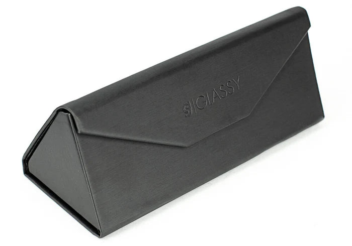Black glasses case with 'SICILASSY' branding on a white background