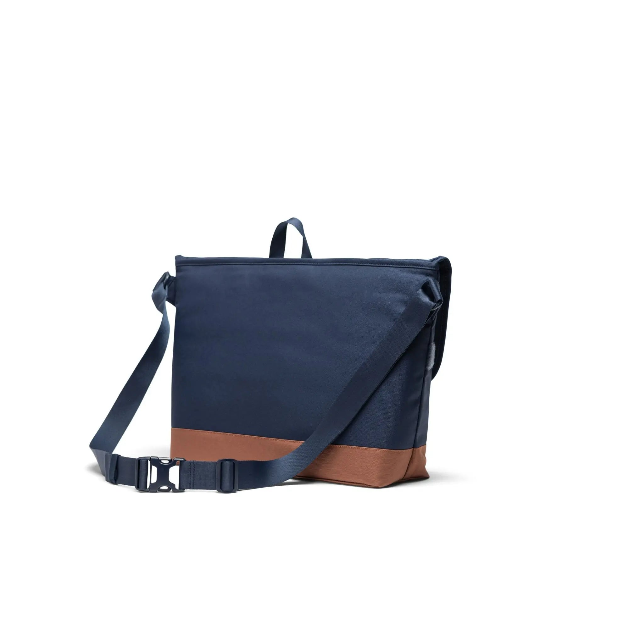 navy blue herschel cove mesesenger bag with tan bottom