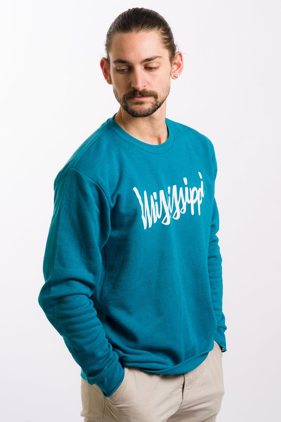 crew neck sweatshirt with cursive script mississippi on the front by project chane