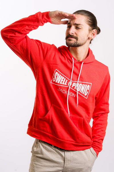 swell-o-phonic hoodie by project chane with brand logo in white on the front and white draw string