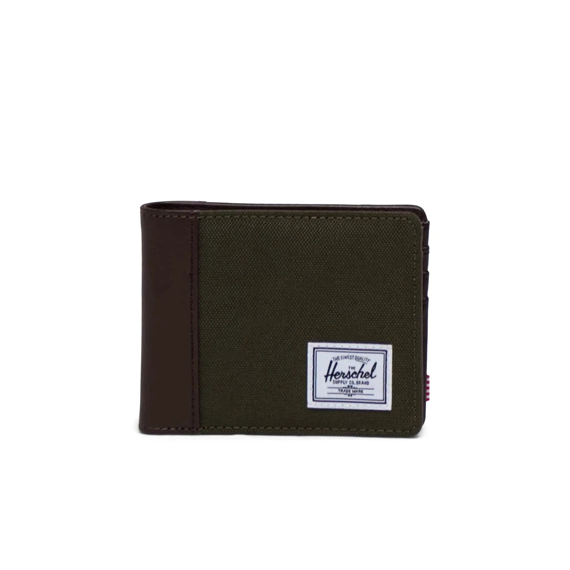 A Herschel Hank wallet in Ivy Green and Chicory Coffee colors with a visible brand label, multiple card slots, and a brown faux leather interior.